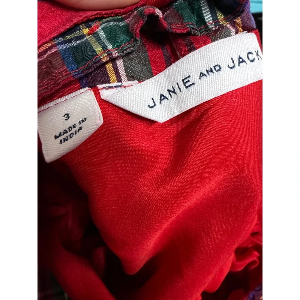 Janie and Jack Girls Silk Plaid Holiday Dress Size 3 Red Tartan Puff Sleeve
